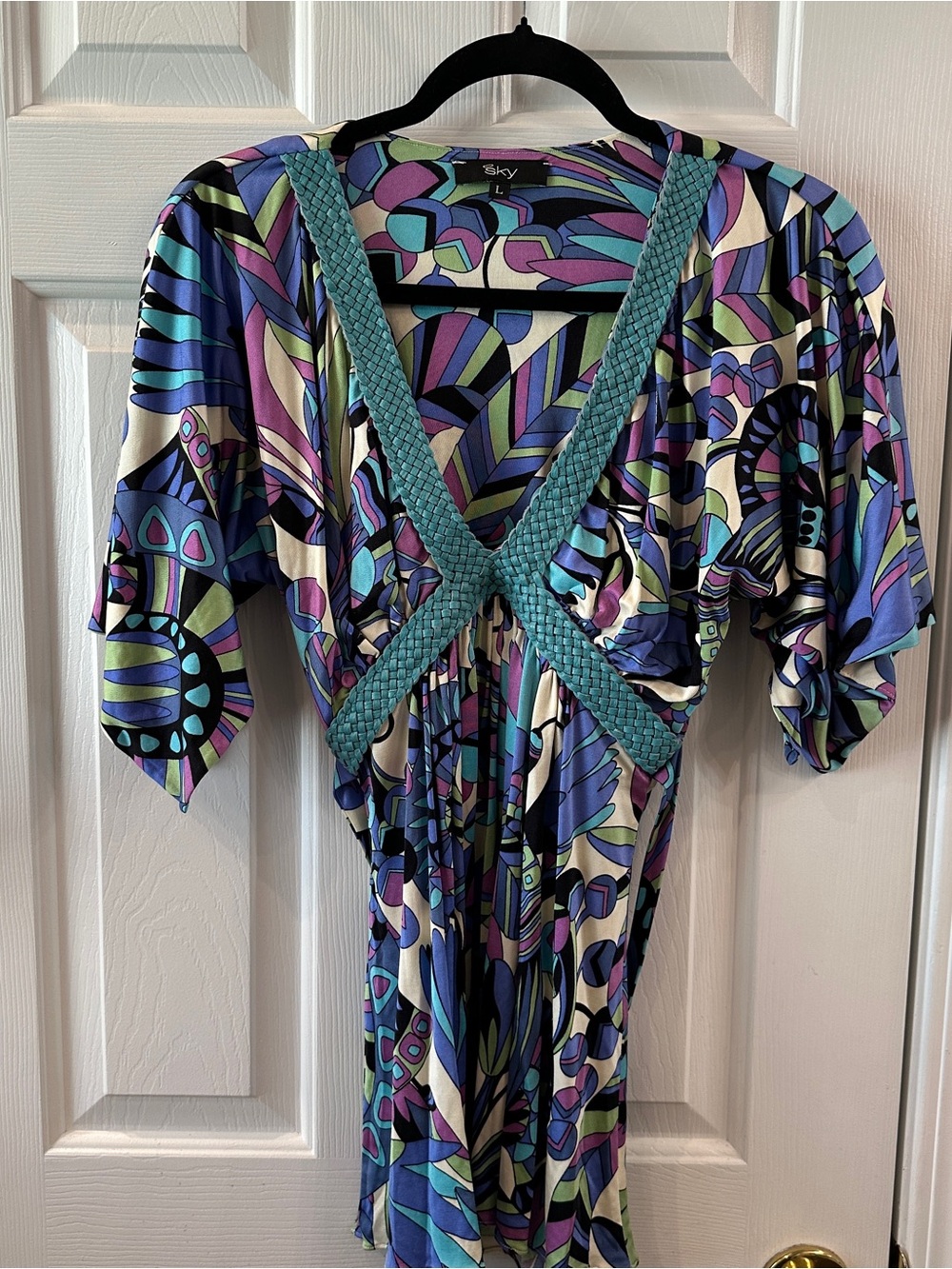 Y2K, vintage Sky Brand Multicolor V-Neck Tunic with leather Braided Trim